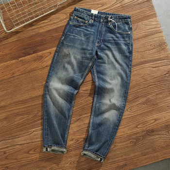 14 oz Težji Selvedge Denim Jeans Moške Obleke Brki Oprati Stiski Retro Hlače Priložnostne Obrabe Hlače Svoboden Koničastimi