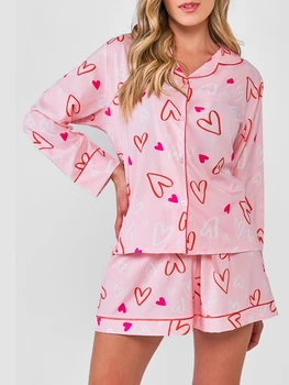 2024 Ženske Pižame Komplet 2 Kosov Loungewear Obleke Srce, ki Tiskanja Dolg Rokav Ohlapne Majice, Vrhovi in Hlače Sleepwear Obleke