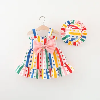 2Pcs/SetForeign drobno dekle krilo poletje nova otroška oblačila pisane trakove polka dot čipke sladko obleko s klobuk