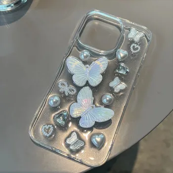 3D Beli Metulj Pearl Bleščice Primeru Telefon Za iPhone 15 Pro Max 13 12 11 14 Pro Max Shockproof Prozoren Silikonski Pokrov Nazaj