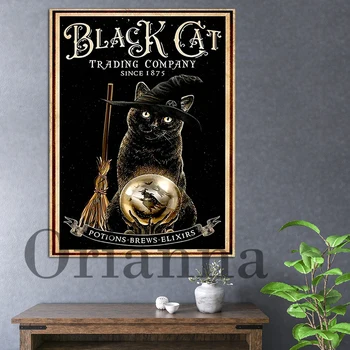 Black Cat Trgovsko Podjetje Cat Halloween Letnik Steno Platno Plakat, Čarovnica Črna Mačka Umetnosti, Mystic Black Cat Plakat,Noč Čarovnic Darilo