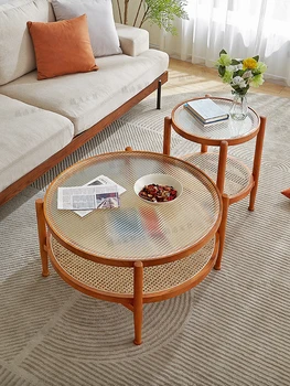 dnevna soba, gospodinjski masivnega lesa majhne enote, krožni rob, Japonski slog mavrica kozarec češnjevega lesa nizko mizo, minimalistične