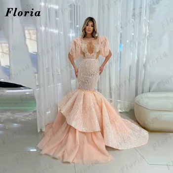 Floria Blush Pink Morska Deklica Večerne Obleke Bleščice Beading Formalno Dolgo Skp Rokavi Prom Oblačenja Arabski Dubaj Kristalno Stranke Obleke