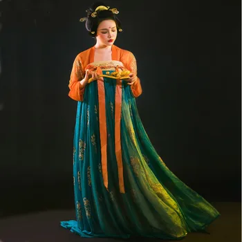 Hanfu Kitajski Slog Oranžna Cyan za Ženske Dolga Obleka Zlate Vezenine Svoboden Tang Placket enodelno Odprte Obleko Pomlad in Poletje