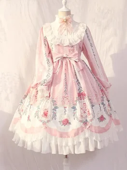 Kawaii Lolita Obleko Z Dolgimi Rokavi Svoboden Cvet Eleganten Modni Viktorijanski Obleka Ženske Lok Natisnjeni Poletnih Oblačil Vestidos