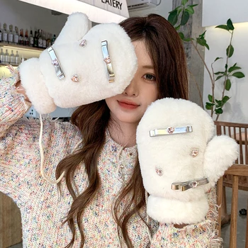 Korejski Ženske Kašmir Volne, Pletene Toplo Mitten Ženski Zimski Plus Žamet Zgostitev Dvojno Plast Plišastih Polno Prst Vožnje Rokavice