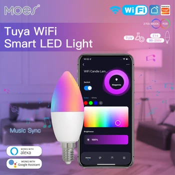 MOES WiFi Smart LEDLight Žarnica E14 Sveče Žarnice 16Million RGBCCT 2700-6500K Zatemniti Candelabra Svetlobe Tuya Alexa Google 90-250V 6W