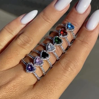 Pop 925 sterling srebrni prstan rdeče srce barvi crystal ring fit očarljive dame kot dodatna oprema DIY nakit kot darilo za družino