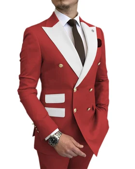 Rdeča Mens Obleke, Poročni Tuxedos Stranka Nositi Dvojno Zapenjanje Ženina Obleke Slim Fit Bela Dosegla Vrhunec River Najboljši Moški Jopič 2 Kosa