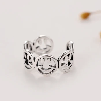 REETI Ustvarjalne 925 Sterling Silver Obroči Za Ženske Obsidian Nasmejan obraz Tajski Srebro Odpiranje Indeks Prst Prstan