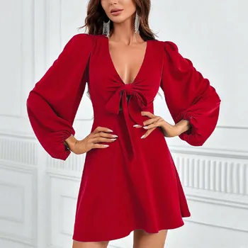 Rojstni Dan Obleke Za Ženske Barva Dolg Rokav Globoko V Vratu Bownot A-Line Rdeče Obleke Za Ženske Elegantne Obleke Za Ženske