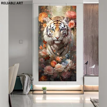 Slika Tiger Obdan Z Rožami In Metulji Platno, Tisk,Plakat,Stenskih Slikah, Za Sodobno Dekoracijo Doma Cuadro