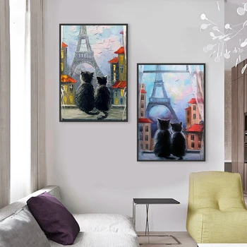 Sodobno Abstraktno Black Cat Umetniško Platno Slikarstvo Dve Mačke Parizu Stolp Plakat Grafične Nordijska Wall Art Doma Dekoracijo Zidana Darilo