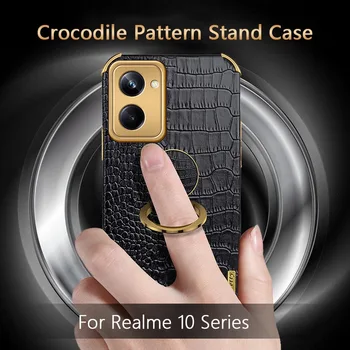 Za Realme 11 10 Pro Plus 4G 5G Ultra Krokodil Usnja Stojalo Primeru Magnetni Obroč Fotoaparat Zaščitnik Mehko TPU Prevleka Držala Skorja