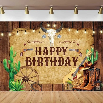 Zahodni Kavboj Happy Birthday Fotografija Ozadje Kmečko Leseno Desko Kaktus Rodeo Rjav Klobuk, Wild West Stranka Dekor Ozadju