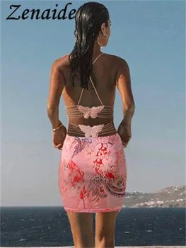 Zenaide 2024 Poletje Metulj Backless Bodycon Mini Obleka Y2K Ženske Seksi Tiskanja: Špageti Trak Obleke Počitnice na Plaži