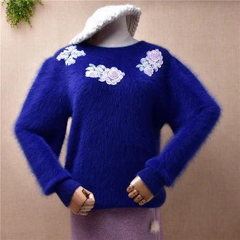 ženske ženske modni vezenje roža jesenska, zimska oblačila kosmat angora zajec krzno pletenih o-vratu ohlapen pulover pulover pull